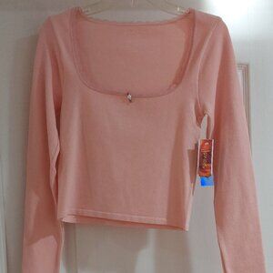 Derek Heart Junior Long Sleeves Pink Scoop Crop Top Sz L/XL